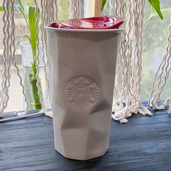 2013 STARBUCKS Embossed Siren Faceted White Ceramic Tumbler Travel Mug 10fl oz - Picture 1 of 12